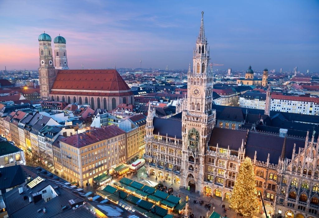 Aerial shot of Frauenkirche and Marienplatz Munich Bavaria